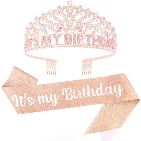 CUBACO Happy Birthday Tiara and Crown with Sash Its my Birthday Tiara for Women Girls Accessories for Women Beach Party Decorations Gold in Kuwait