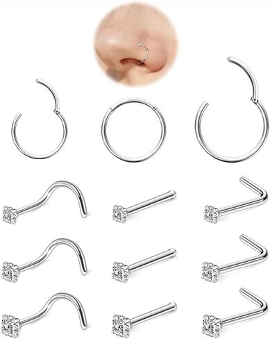 Hoeudjo Nose Rings Surgical Steel Cubic Zirconia Nose Studs Kit for Women Men Tiny Nose Stud Screw & Bone & L Shaped Nostril Rings Piercing Jewelry 20-18 Gauge 12 Pieces in Saudi Arabia