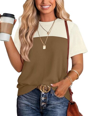 WIHOLL Womens Fashion 2025 Color Block Shirts Short Sleeve Crewneck Knitted Spring Summer Tops Casual Trendy in Kuwait