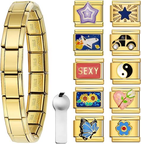 Double Fair Italian Charm Bracelet with 10 or 20 Charms, Stainless Steel Adjustable DIY Charm Bracelet for Women & Men, Includes Opener Tool – Gold or Silver Options in Kuwait
