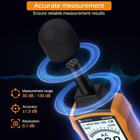 Neoteck 30-130dB ديسيبل متر مع A/C مقياس مستوى الصوت الرقمي المرجح مع الحد الأقصى/دقيقة معدل الاستجابة السريع/البطيء المحمولة الخلفية SPL متر مع عقد البيانات لمصانع المكاتب المنزلية الجيران الصاخبين in Saudi Arabia