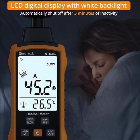 Neoteck 30-130dB ديسيبل متر مع A/C مقياس مستوى الصوت الرقمي المرجح مع الحد الأقصى/دقيقة معدل الاستجابة السريع/البطيء المحمولة الخلفية SPL متر مع عقد البيانات لمصانع المكاتب المنزلية الجيران الصاخبين in Saudi Arabia