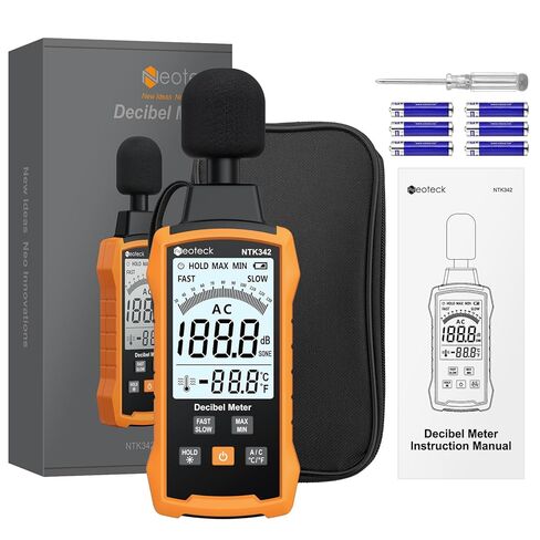 Neoteck 30-130dB ديسيبل متر مع A/C مقياس مستوى الصوت الرقمي المرجح مع الحد الأقصى/دقيقة معدل الاستجابة السريع/البطيء المحمولة الخلفية SPL متر مع عقد البيانات لمصانع المكاتب المنزلية الجيران الصاخبين in Saudi Arabia