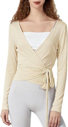 Women Ballet Wrap Top Yoga Pilates Wrap Shirt Long Sleeve Slim Fit Dance Dance Top Front Tie Strap Strechy Ballerina Blouse in Kuwait