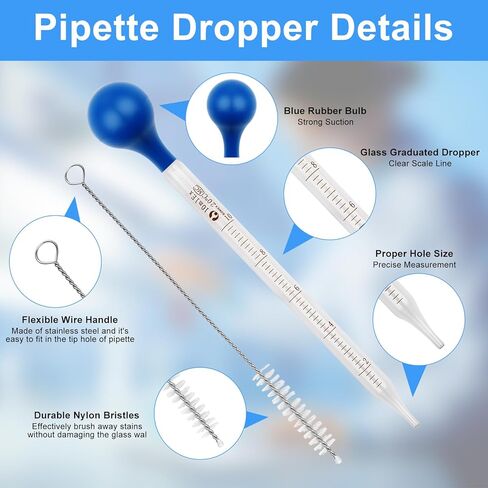 2PCS 10Ml Glass Pipettes Dropper, 3Ml Glass Liquid Dropper with 3 Rubber Caps, Lab Graduated Dropper for Liquid Essential Oil, Glass Transfer Pipette with Rubber Bulb and Cleaning Brush in Saudi Arabia