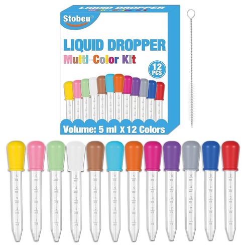 13-Piece Liquid Pipettes Droppers 5ML Set with A Clean Brush, 12 Colors Plastic Clear Pipettes for Kids with Silicone Bulb Tip, Medicine Eye Dropper for Feeding/Crafts/Candy Mold/Gummy Bear Maker/Oil in Saudi Arabia