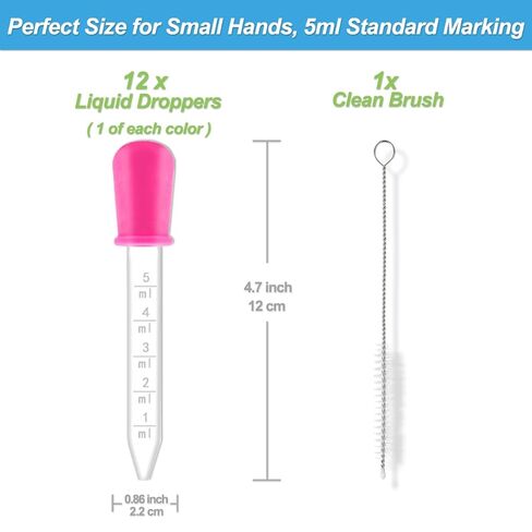 13-Piece Liquid Pipettes Droppers 5ML Set with A Clean Brush, 12 Colors Plastic Clear Pipettes for Kids with Silicone Bulb Tip, Medicine Eye Dropper for Feeding/Crafts/Candy Mold/Gummy Bear Maker/Oil in Saudi Arabia