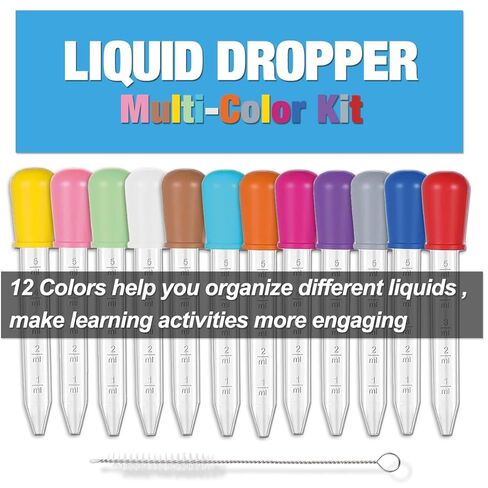 13-Piece Liquid Pipettes Droppers 5ML Set with A Clean Brush, 12 Colors Plastic Clear Pipettes for Kids with Silicone Bulb Tip, Medicine Eye Dropper for Feeding/Crafts/Candy Mold/Gummy Bear Maker/Oil in Saudi Arabia
