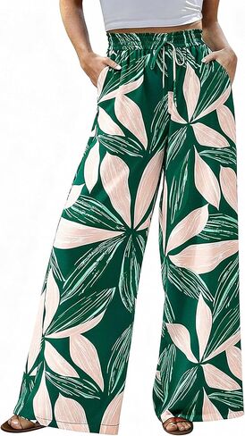 CFLONGE Wide Leg Pants for Women 2025 Casual High Waist Floral Palazzo Pant Flowy Trendy Beach Boho Trousers with Pockets in Kuwait