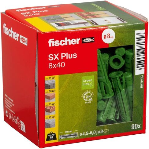 Fischer 567810 التوسع SX Plus Green 8 × 65 ، مربع من 45 من الأدوات التي تميل مستدامة ، مصنوعة من مواد خام متجددة ، الحجز الأمثل ، الخرسانة الصلبة ، الطوب المثقبة ، والكثير ، Greenline in Kuwait