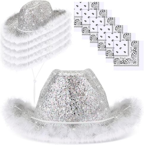 12 Pcs Sparkly Adults Cowboy Hat for Women Men Western Glitter Cowgirl Hats with Adjustable Drawstring Cowboy Party Bandana in Kuwait