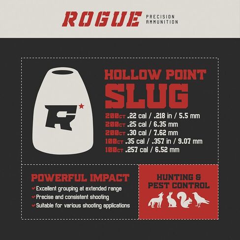 Rogue Precision .22 Cal Hollow Point Slug Airgun Pellets - Dish Base - .22 Caliber - 24 Grains - Made in The USA - 200 Count, gray in Saudi Arabia