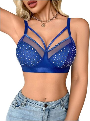 Women's Rhinestone Sheer Mesh Bras Cut Out Glitter Wireless Bralettes Every Day Bra in Saudi Arabia