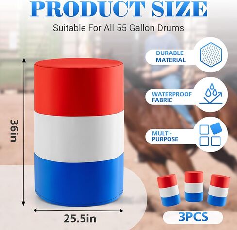 Breling 3 Pack 55 Gallon Equestrian Barrel Covers for Barrel Racing, Red White Blue 210d Oxford Fabric, for Steel Plastic Fiber Rodeo Equipment and Horse Practice in Saudi Arabia