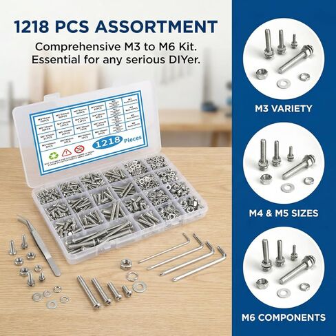 1218 Pcs Zinc Plated Screws Bolts and Nuts Assortment Sets with 4 Pcs Screws Wrenches, M3 M4 M5 M6 Metric Machine Screws Nuts Flat Washers and Lock Washer Kit, Zinc Plated and Anti Rust Screws Set in Saudi Arabia