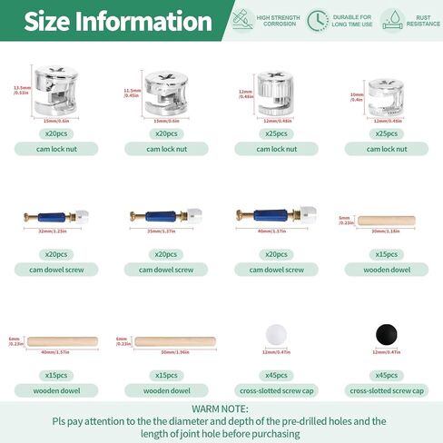 Yauhar 285Pcs 3 in 1 Furniture Connecting Hardware Connectors Kit for Cabinet Closet Drawer Wardrobe, Cam Lock Fittings with Dowel, Pre-Inserted Nut, Wood Dowel Pins and Locknut Caps in Saudi Arabia