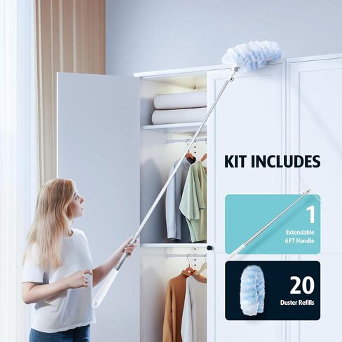6 ft Extendable Duster Handle with 20 Refills, Compatible with Swiffer, Disposable Microfiber Dusting Pads for Home Cleaning, Ceiling, Fan, Window, Hard-to-Reach Areas in Saudi Arabia