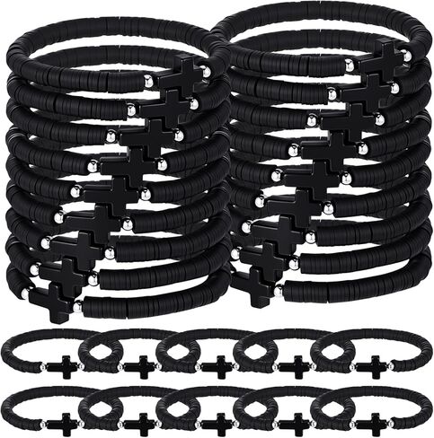 30 Pcs Cross Bracelets Bulk Jesus Bracelets Handmade Elastic Colorful Polymer Clay Beaded Religious Wristbands Christian Wristbands for Women Kids Sunday Christmas in July in Kuwait