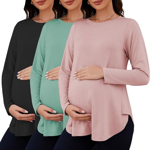 Liu & Qu 3 Packs Womens Maternity Shirts Split Side Long Sleeve Pregnancy Tops Loose Fit Casual Maternity Clothes in Saudi Arabia