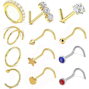 24Pcs 20G Stainless Steel Nose Studs, L Shaped Nose Piercing Jewelry, Gold Corkscrew Nose Rings hoops for Women in Kuwait