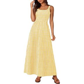PRETTYGARDEN Women's 2025 Summer Spaghetti Strap Maxi Dresses Plaid Square Neck A Line Casual Beach Vacation Long Sundress in Saudi Arabia