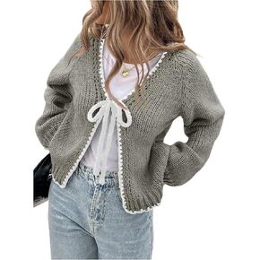 GORGLITTER Women's Tie Front Cardigan Bow Y2K Long Sleeve V Neck Chunky Knit Sweater in Saudi Arabia
