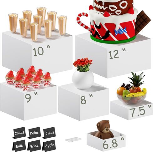 6 PCS 12" to 6.8" White Buffet Risers with Mini Sign and Makers, Large Food Risers for Buffet Table, Display Shelf Stands for Party, Catering, Dessert, Jewelry Collectibles, Nesting Cube Boxes with Hollow Bottoms Set (12",10",9",8",7.5",6.8") in Saudi Arabia
