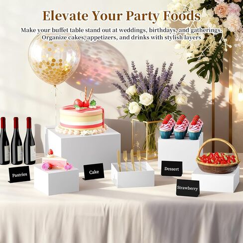6 PCS 12" to 6.8" White Buffet Risers with Mini Sign and Makers, Large Food Risers for Buffet Table, Display Shelf Stands for Party, Catering, Dessert, Jewelry Collectibles, Nesting Cube Boxes with Hollow Bottoms Set (12",10",9",8",7.5",6.8") in Saudi Arabia