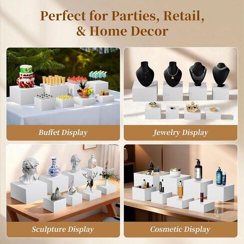 6 PCS 12" to 6.8" White Buffet Risers with Mini Sign and Makers, Large Food Risers for Buffet Table, Display Shelf Stands for Party, Catering, Dessert, Jewelry Collectibles, Nesting Cube Boxes with Hollow Bottoms Set (12",10",9",8",7.5",6.8") in Saudi Arabia