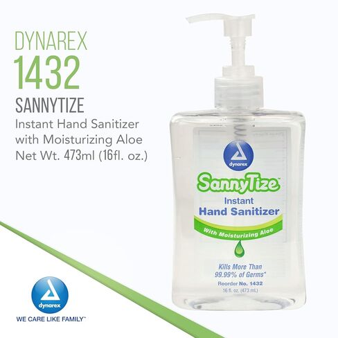 Dynarex SannyTize Hand Sanitizer Gel – 16 oz. Square Bottle w/Pump, Infused with Aloe Vera & Eliminates 99% of Common Germs, Clear, 1 Box of 12 SannyTize Hand Sanitizer 16 oz. Square Bottles w/Pump in Saudi Arabia
