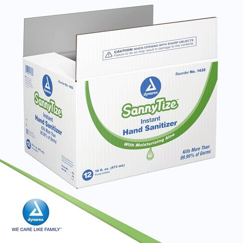 Dynarex SannyTize Hand Sanitizer Gel – 16 oz. Square Bottle w/Pump, Infused with Aloe Vera & Eliminates 99% of Common Germs, Clear, 1 Box of 12 SannyTize Hand Sanitizer 16 oz. Square Bottles w/Pump in Saudi Arabia