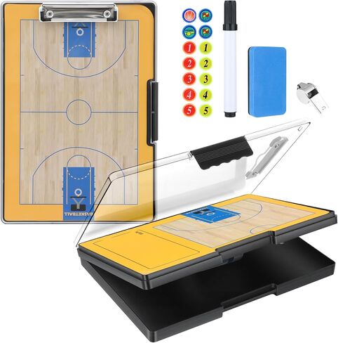 Basketball Clipboard for Coaches - All-Weather Double-Sided Dry Erase Board with Magnetic Pieces, Markers, Eraser, Whistle & Clear View Dry Erase Storage Box | Perfect Basketball Gifts in Saudi Arabia