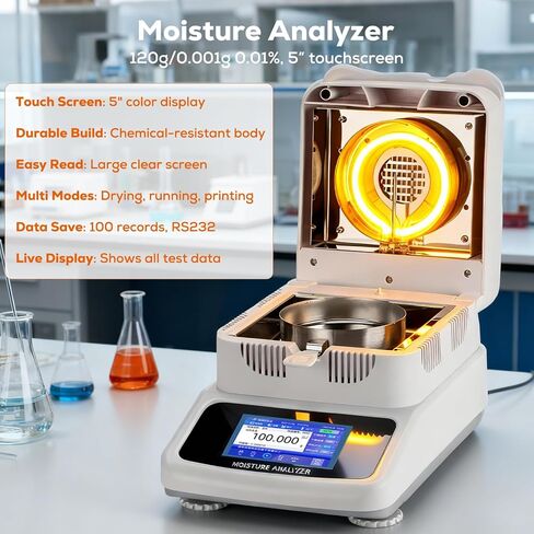 EKVILI Halogen Moisture Analyzer 120g/0.001g 0.01%, 5" Touch Screen, Halogen Heating, Built-in Database, RS232 Interface for Laboratory & Industrial Use, 110V in Saudi Arabia