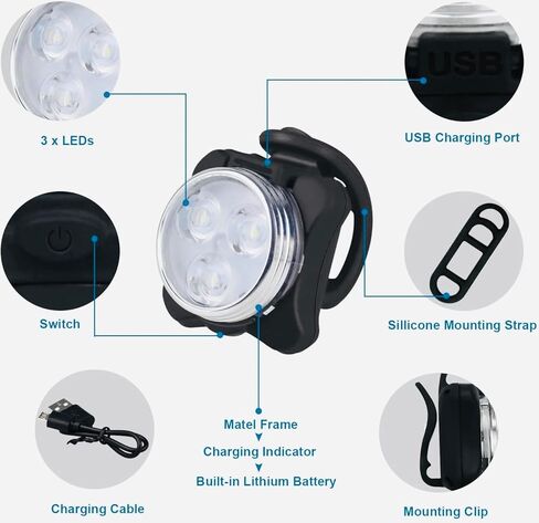 مجموعة مصابيح دراجة قابلة لإعادة الشحن عبر USB، مصباح أمامي LED وإضاءة خلفية خلفية، مصباح دراجة مقاوم للماء، 4 أوضاع، سيليكون وبلاستيك، LED ساطع، إضاءة دراجة خارجية، مجموعة مصابيح دراجة قابلة للشحن in Kuwait