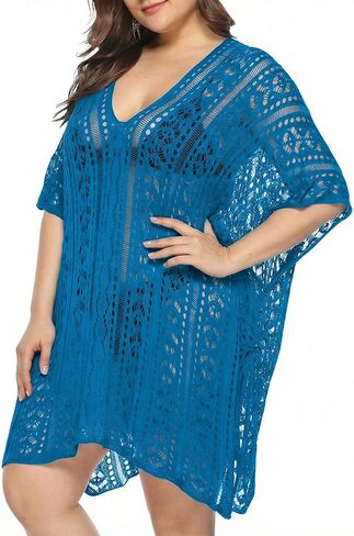 Plus Size Swimsuit Coverup for Women, Knit Crochet Bathing Suit Cover Ups Hollow Out Outfits Beach Cover Up Bikini Dress in Kuwait