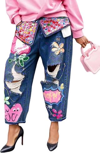 Women's Barrel Jeans Wide Leg High Waist Rhinestone Floral Horseshoe Ripped Baggy Cropped Jeans Denim Pants in Kuwait