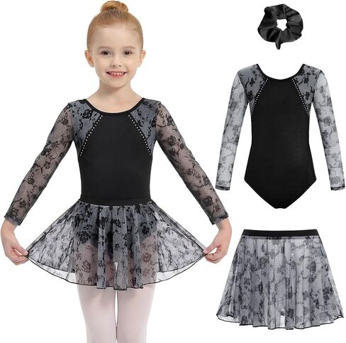 Jiamy Girls Ballet Hoodards Long Sleeve Mesh Toddler Dance Leotard Dress Combo مع تنورة قابلة للإزالة in Kuwait