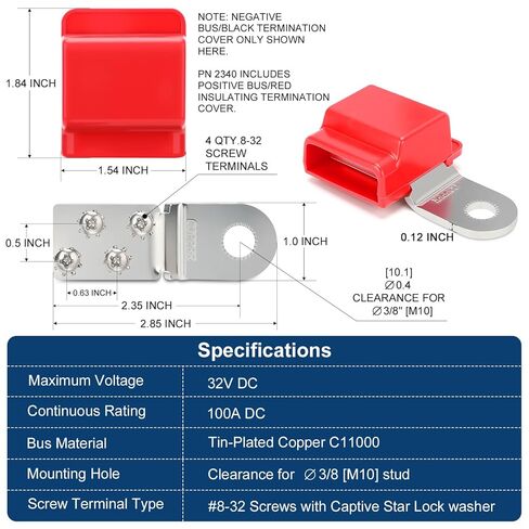 حامل أطراف البطارية البحرية 2340 - قضبان توصيل نحاسية نقية مطلية بالقصدير، كتل قضبان ناقل البطارية الإيجابية والسلبية، 32 فولت 100 أمبير، مع براغي غير قابلة للصدأ - توزيع الطاقة لعربة الجولف، عربة سكن متنقلة، قارب، سيارة in Kuwait