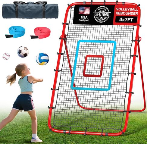 7x4 Ft Volleyball Rebounder Net with 2 Target Stripes, 5-Angle Adjustable Rebounder Net for Practicing Digging, Setting, Spiking, Bounce Back Training Equipment with Portable Travel Bag & 4 Sand Bags in Kuwait