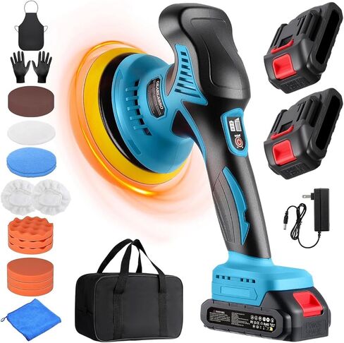 Car Buffer Polisher, 8 Variable Speed Car Polisher 2800-6000RPM Cordless Car Polishing Machine with 2x 21V 2000mAh Batteries and 17 Piece Polishing Kit for Car Detailing Scratch Removing in Kuwait
