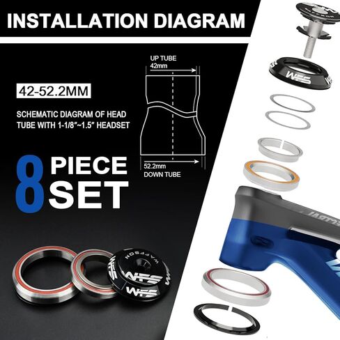 WFS HY638 1-1/8" إلى 1-1/2" مجموعة سماعات مدمجة مدببة لأنابيب رأس مدببة 42 إلى 52.2 مم - سبائك الألومنيوم باستخدام الحاسب الآلي، بدون خيوط، محامل محكمة الغلق للدراجات الجبلية، المدينة، دراجات الطرق، MTB وBMX، أسود in Kuwait