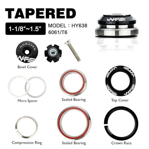 WFS HY638 1-1/8" إلى 1-1/2" مجموعة سماعات مدمجة مدببة لأنابيب رأس مدببة 42 إلى 52.2 مم - سبائك الألومنيوم باستخدام الحاسب الآلي، بدون خيوط، محامل محكمة الغلق للدراجات الجبلية، المدينة، دراجات الطرق، MTB وBMX، أسود in Kuwait