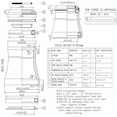 WFS HY638 1-1/8" إلى 1-1/2" مجموعة سماعات مدمجة مدببة لأنابيب رأس مدببة 42 إلى 52.2 مم - سبائك الألومنيوم باستخدام الحاسب الآلي، بدون خيوط، محامل محكمة الغلق للدراجات الجبلية، المدينة، دراجات الطرق، MTB وBMX، أسود in Kuwait