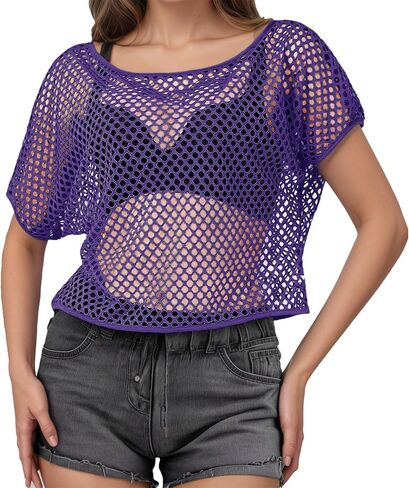 80s Neon Shirts for Women, Fishnet Top, Casual Neon Clothes, Off-Shoulder T-Shirt, Suitable for Masquerade Disco Party (Green) in Kuwait