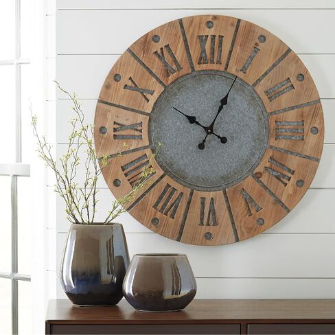 Signature Design by Ashley Payson Farmhouse Wall Clock, 30 x 30 Inches, Natural Wood Finish in Kuwait