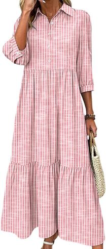 Women's Blue and White Striped Shirt Maxi Dress 2025 Summer Fashion Collared Breezy Print 3/4 Sleeve Long Dresses in Kuwait