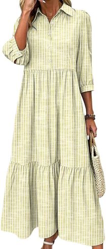 Women's Blue and White Striped Shirt Maxi Dress 2025 Summer Fashion Collared Breezy Print 3/4 Sleeve Long Dresses in Kuwait