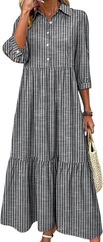 Women's Blue and White Striped Shirt Maxi Dress 2025 Summer Fashion Collared Breezy Print 3/4 Sleeve Long Dresses in Kuwait