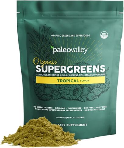 Paleovalley Organic Supergreens - مسحوق الخضر العضوي Superfood لدعم المناعة - مزيج مسحوق Paleo Green - 28 حصة - 23 أطعمة عضوية فائقة - خالية من الغلوتين، لا أعشاب الحبوب، الصويا أو الحبوب in Saudi Arabia