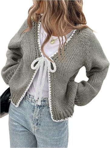 GORGLITTER Women's Tie Front Cardigan Bow Y2K Long Sleeve V Neck Chunky Knit Sweater in Saudi Arabia